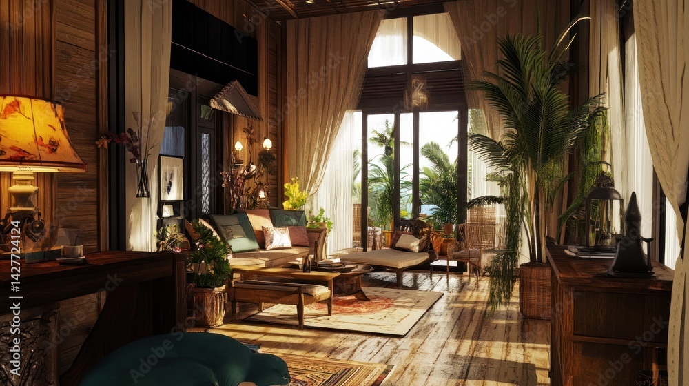 Fototapeta premium serene tropical living space with natural light wooden accents and lush greenery creating a calming indoor-outdoor experience