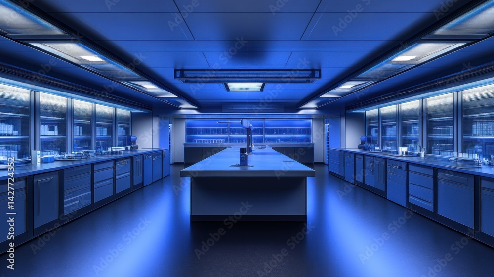 Obraz premium illuminated research lab bathed in calming blue light showcasing advanced equipment and meticulous workspace environment for innovative discoveries