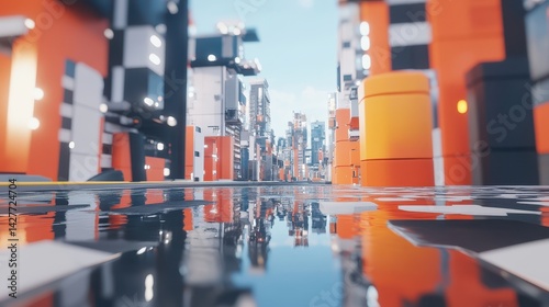 Futuristic city street reflected in a puddle. photo