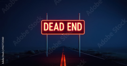 Neon dead end sign pulsing in crimson red at end of dark road deep navy and bright silver symbolizing finality and warning
