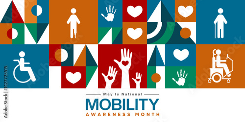 May is National Mobility Awareness Month. Geometric style, peoples and more. Suitable for posters, banners, social media and more. White background.