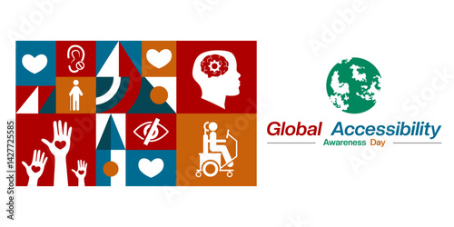 Global Accessibility Awareness Day. Geometric style, People, human, hand, eye, ear, earth and heart. Suitable for posters, banners, social media and more. White background.