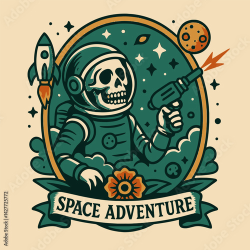 Astronaut Skeleton Shooting Ray Gun in Space Adventure Illustration