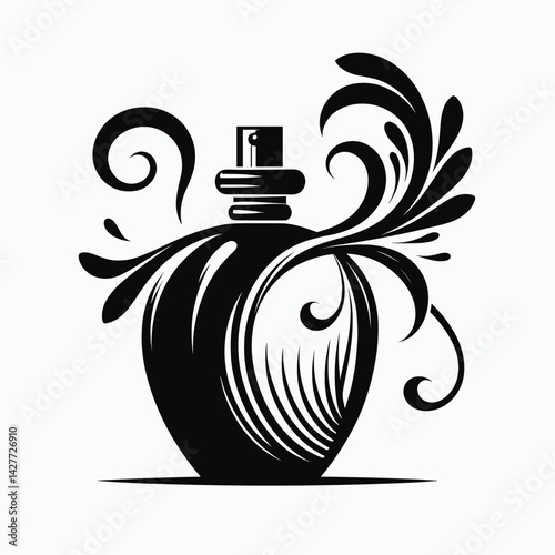 Elegant perfume bottle design with floral elements in black  