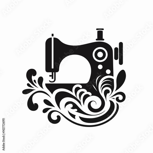 Sewing machine silhouette with decorative flourishes  