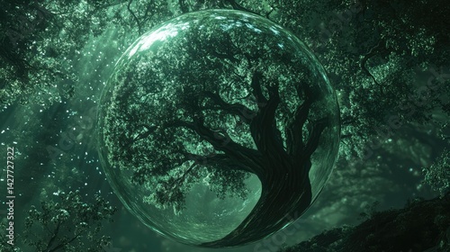 a close up of a glass ball with a tree inside, tree of life inside the ball