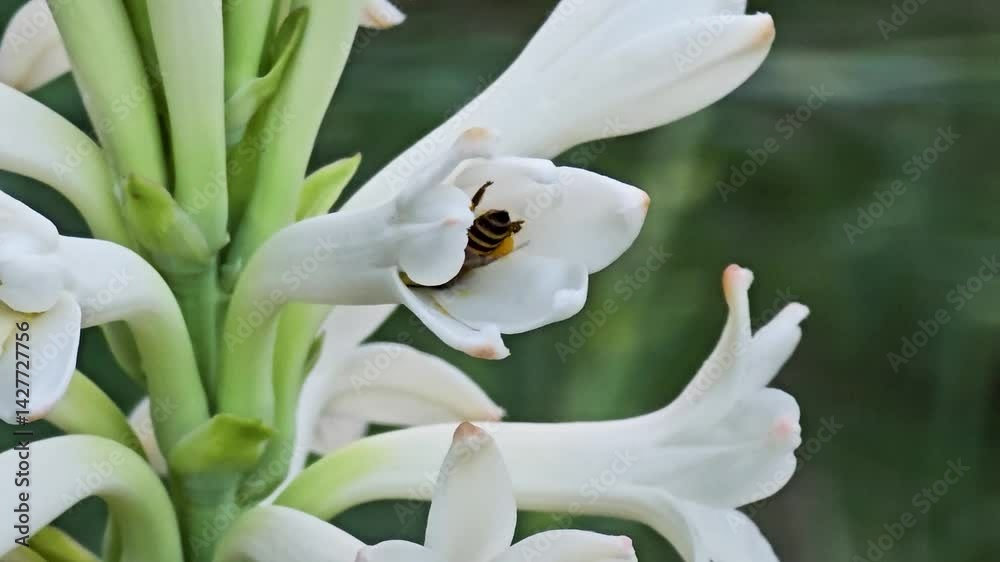 Close-up of bees sucking white flower. pollination process.