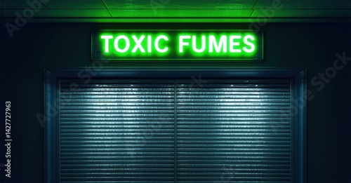 Neon toxic fumes sign glowing in eerie green above closed air vent deep navy and bright silver symbolizing invisible dangers