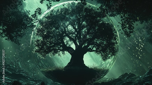 a close up of a glass ball with a tree inside, tree of life inside the ball