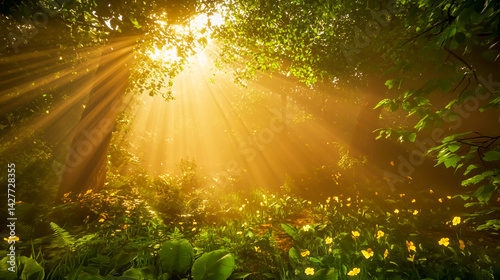 Dense Forest with Sunlight Shining Through Leaves photo