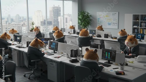 In a lively urban office environment, team members are humorously depicted as hamsters dressed in business attire. Each adorable creature is focused on its work at individual desks while surrounded by