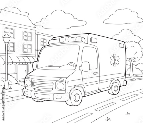 A Coloring Page with an Ambulance Ready to Transport Patients to the Hospital