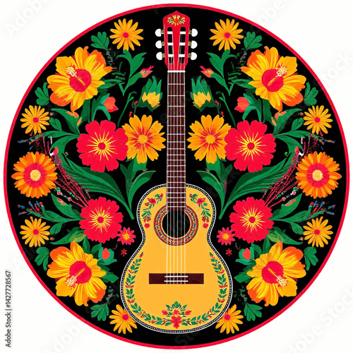 A colorful illustration of an acoustic guitar surrounded by vibrant flowers