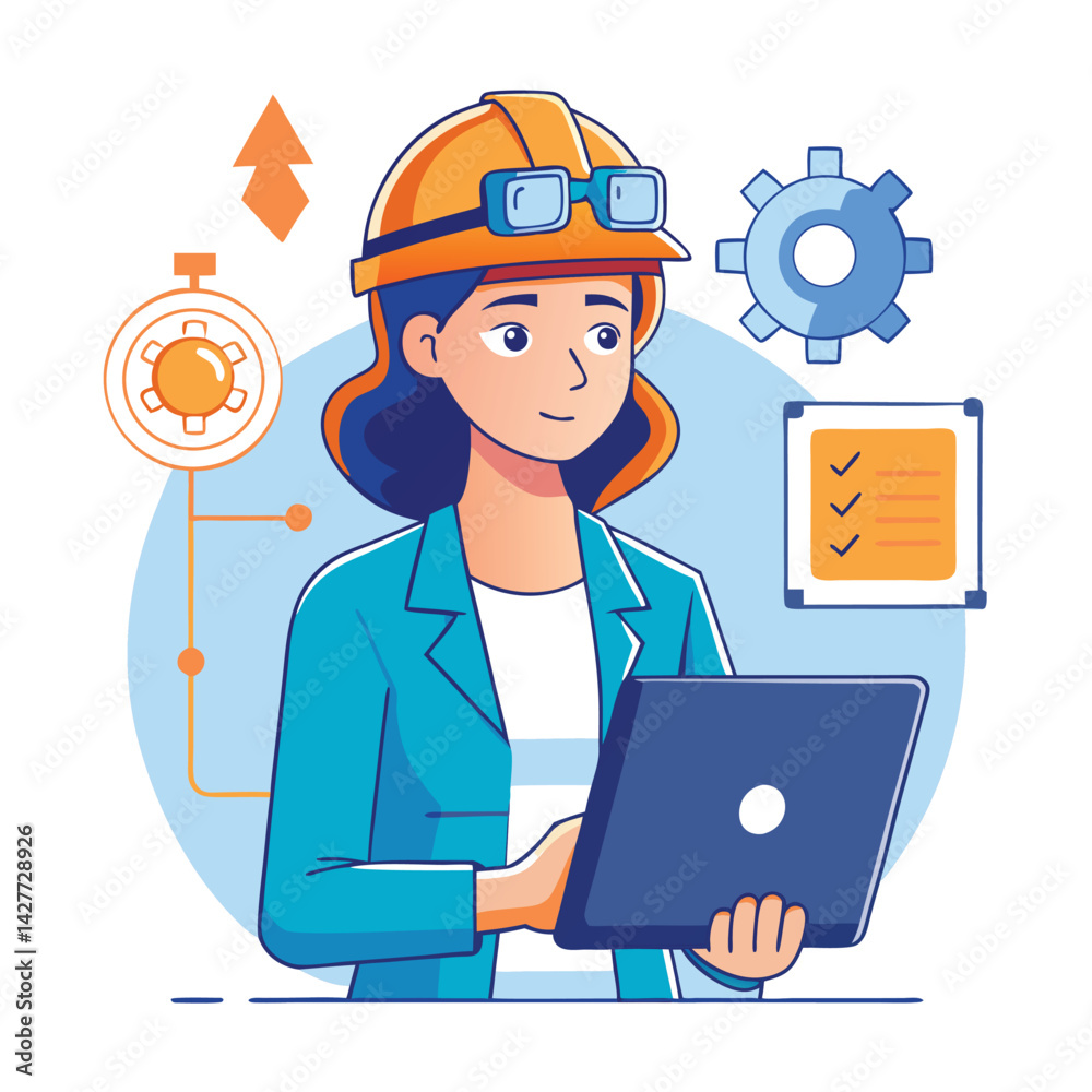 female engineer checks the program and discovers an error. Hand drawn style vector design illustrations vector