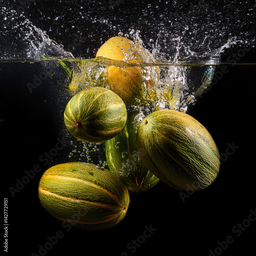 Fresh fruit with vibrant colors splashes into water, creating beautiful droplets that enhance visual appeal of this dynamic scene. water droplets accentuate freshness of fruit