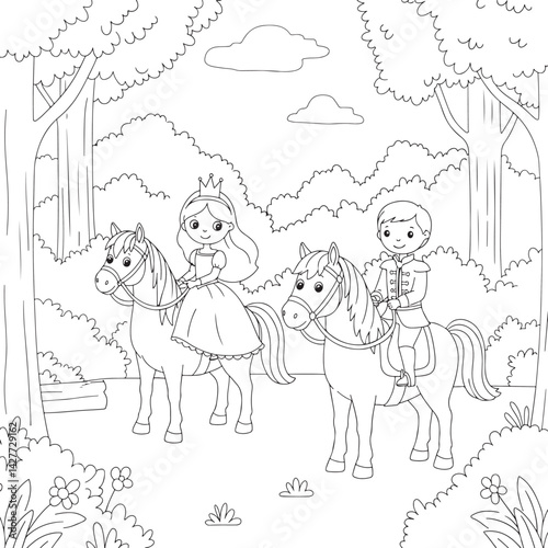 Royal Outing A Coloring Page of a Princess and Prince Riding Horses