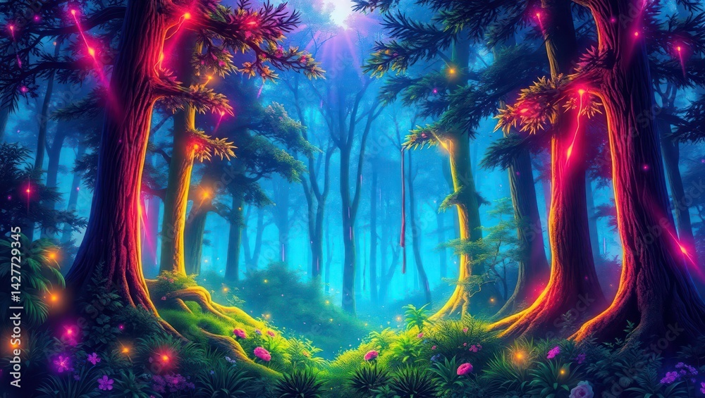 Fototapeta premium illustration of forest Neon splashing colorful background