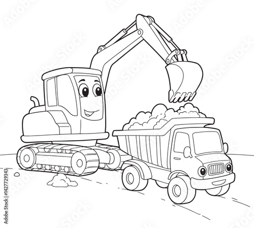 Childrens coloring page Cute excavator and dump truck carrying sand on construction site