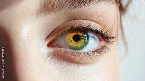 Vibrant Eye with Colorful Contact Lenses on White Background