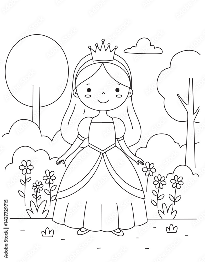 A Cute Princess in a Garden Awaiting to be Colored with Beautiful Colors A Cute Princess in a Garden Awaiting to be Colored with Beautiful Colors