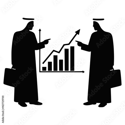 Arab Businessmen Analyzing Growth Charts and Discussing Finance in Silhouette