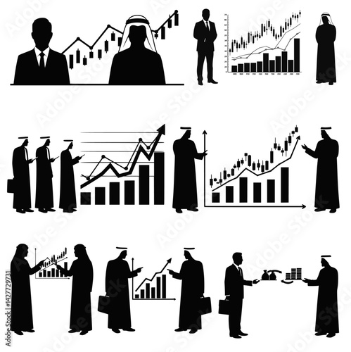 Set of Arab Businessmen Analyzing Growth Charts and Discussing Finance in Silhouette