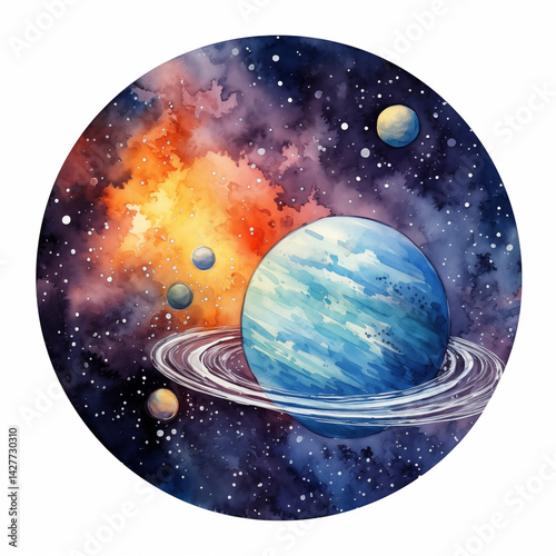 A stunning cosmic landscape features a large blue planet surrounded by colorful gas clouds and multiple smaller planets. The rings and stars create a mesmerizing celestial view of the universe