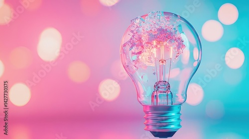 Explosion of lightbulb with creative invention impact concept. A creative light bulb glowing with colorful bokeh background.