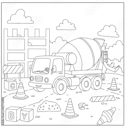 Cement Mixer Truck Illustration for Kids Coloring Book Page Line Art Design