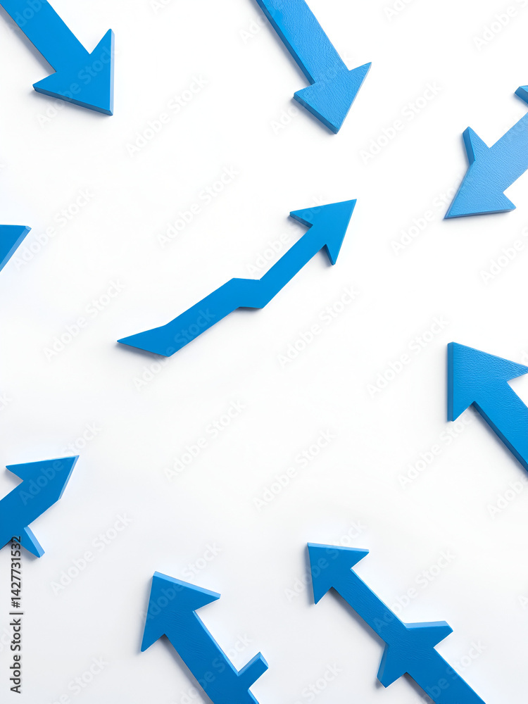 On a white background, multiple blue arrows represent growth and progress On a white background, multiple blue arrows represent growth and progress