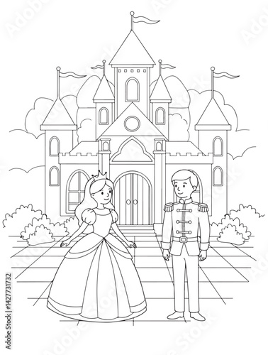 Enchanting Castle Scene Awaits Imagination A Coloring Page Featuring a Prince and Princess