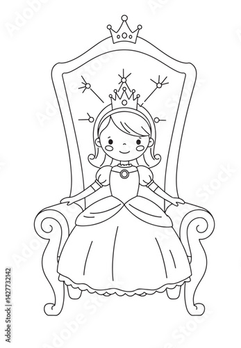 An Adorable Little Princess Sitting on a Ornate Throne Coloring Page Design for Kids