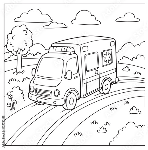 The Ambulance on the Road Coloring Page for Kids Children Toddler Learning