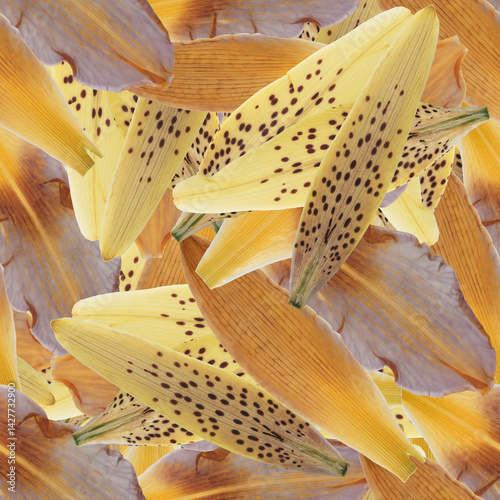 Lily petals.. Decorative design element, watercolor, floral ornament. Seamless pattern for bandana, shawl, neck scarf. Kerchief design or tablecloth print, scarf, towel. For textile, cotton fabric.