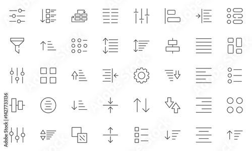 Sorting and filtering related linear icon set. Templates of data processing, structure order, digital management and other icons for business. vector illustration.
