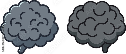 Cartoon Brain Vector – Simplified Side View of Gray Matter with Minimalist Design, Cerebral Cortex Illustration and Thought Bubble Style in Grayscale