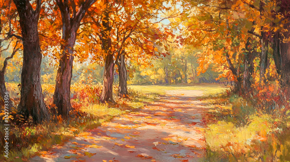 Fototapeta premium Sunlit Autumn Path with Falling Leaves and Trees