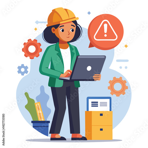 female engineer checks the program and discovers an error. Hand drawn style vector design illustrations vector