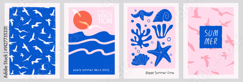 set of summer marine posters with grunge stamp background, hand drawn elements, template, card, cover, banner, print, textured modern vector illustration