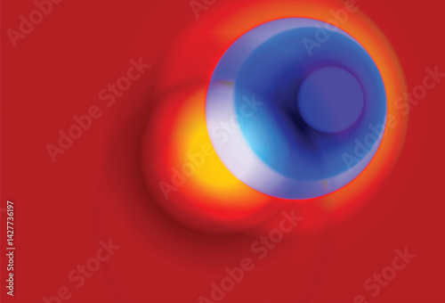 Radiant shaped artwork in vivid red gradients, set against a bright blue background. 