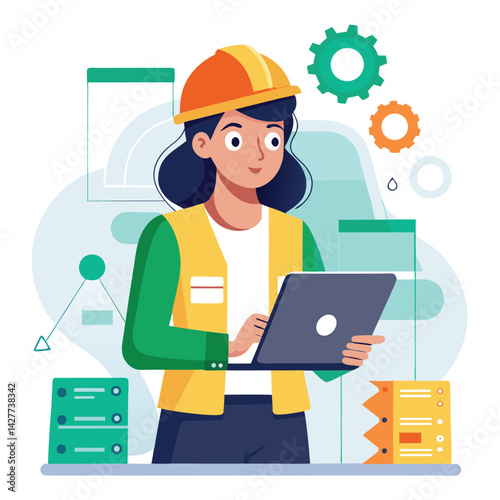 female engineer checks the program and discovers an error. Hand drawn style vector design illustrations vector