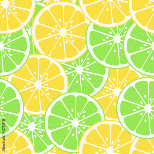 Lemon and lime seamless pattern illustration. Summer vibes. Yellow and green lemons and lime background. Fruit repeated background.