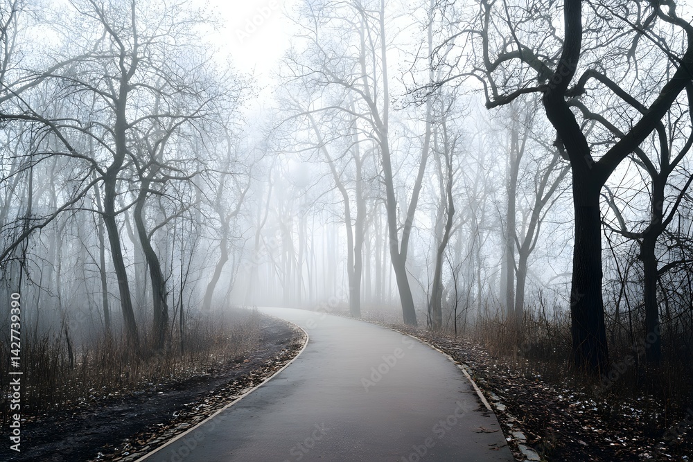 Foggy Park Path with Bare Trees and Dense Mist in Mysterious Winter Landscape Foggy Park Path with Bare Trees and Dense Mist in Mysterious Winter Landscape