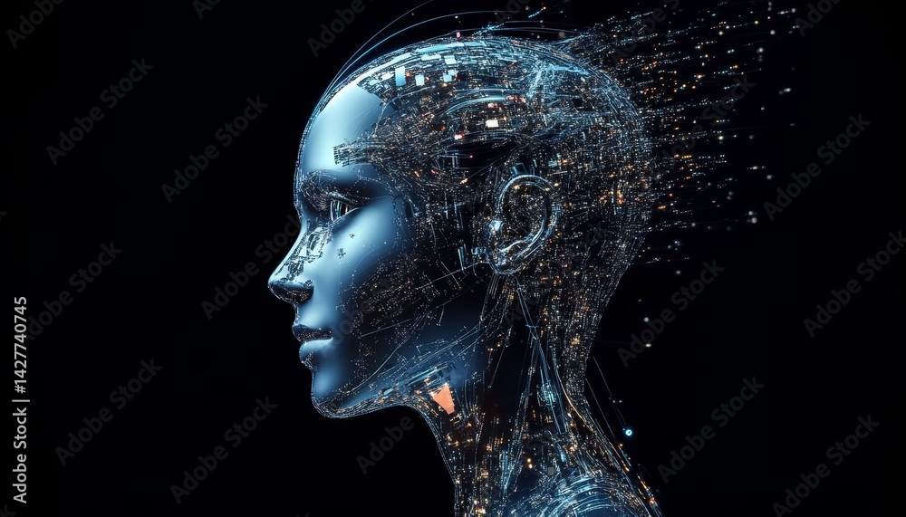 Obraz premium Digital Woman AI Head Profile, Glowing Circuitry, Abstract Concept, 3D Render, AI, Artificial Intelligence AI, Cybernetics