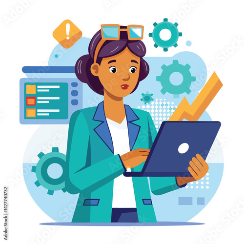 female engineer checks the program and discovers an error. Hand drawn style vector design illustrations vector