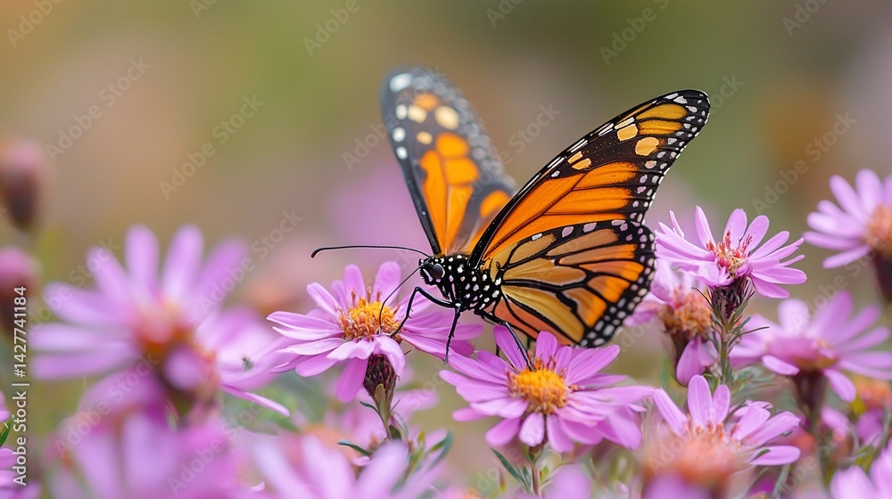 Fototapeta premium Monarch butterfly on purple aster flowers in garden