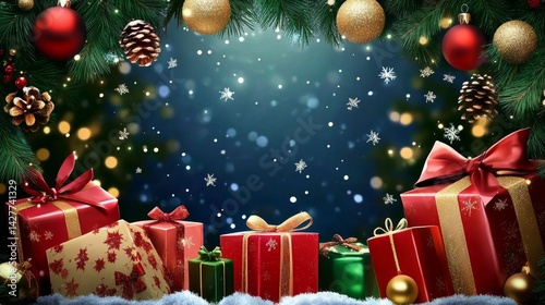 Festive Christmas Gift Composition Presents, Ornaments, Snow and Pine, christmas, holiday