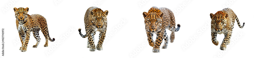 Group of four leopards in motion, animal on black background, cut out transparent Group of four leopards in motion, animal on black background, cut out transparent