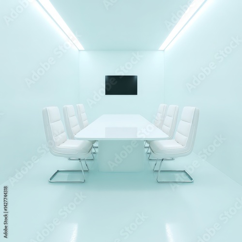 Futuristic business conference room with AR projection and clean design