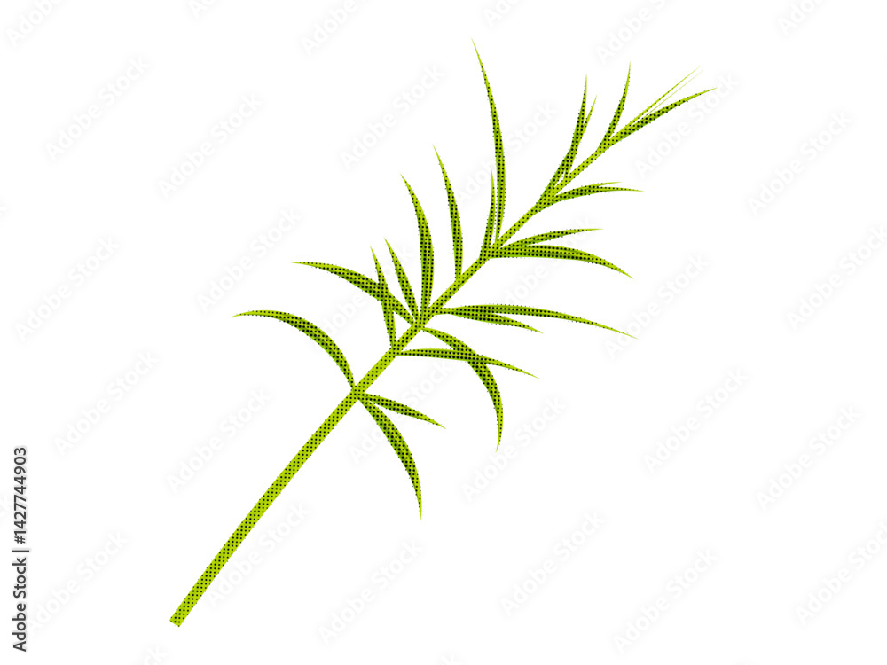 Fototapeta premium Tropical leaf with halftone grain texture. Exotic green plant for contemporary collage art. Palm leaves on a white background for advertising. Vector illustration.